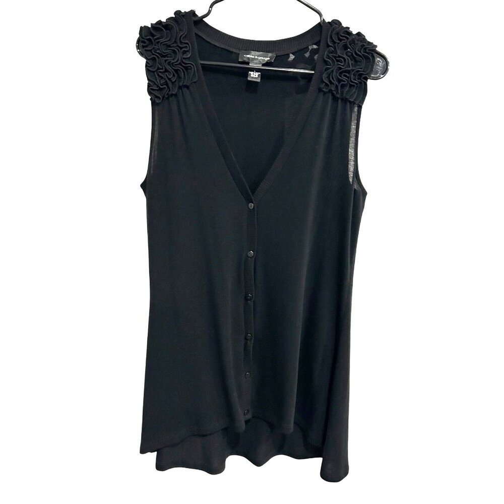 Cable & Gauge Womens Black Sleeveless Button-Down Top Sz Large Ruffle Accents